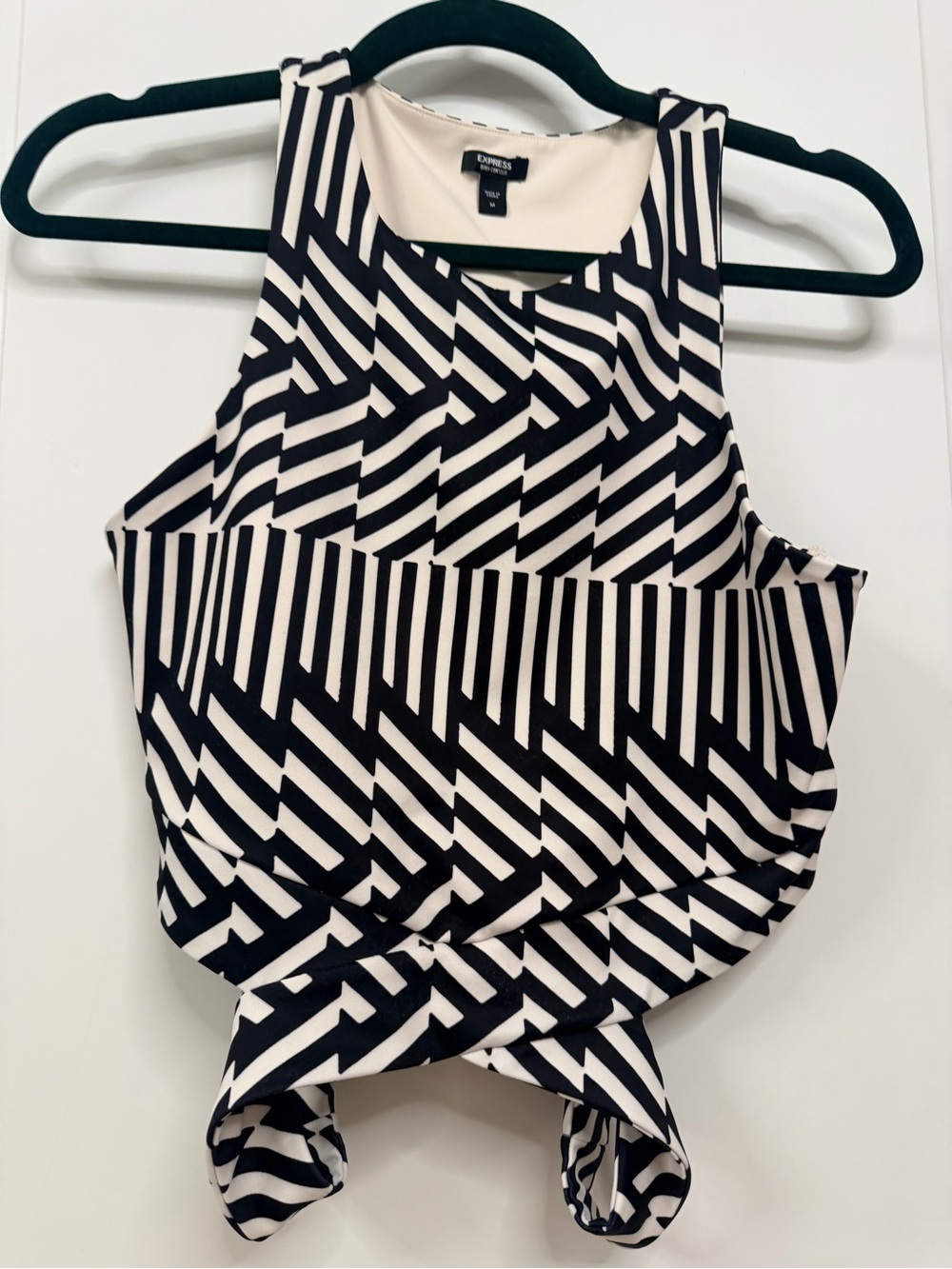 Express Black & Cream Geometric Tie-Hem Tank
